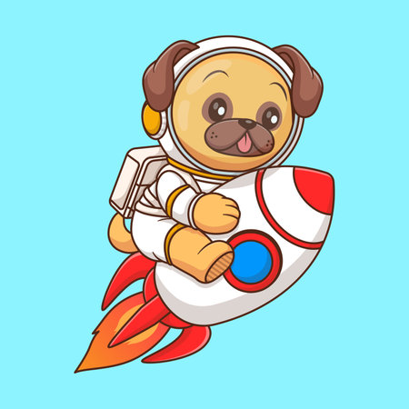 Cute pug dog astronaut riding rocket in space cartoon vector icon illustration animal science isolatedのイラスト素材