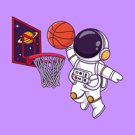 Cute astronaut playing basketball in space cartoon vector icon illustration. science sport isolated.