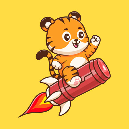 Cute tiger riding meat rocket cartoon vector icon illustration animal transportation isolatedのイラスト素材