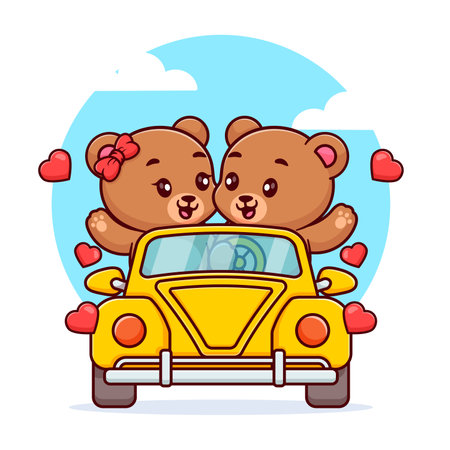 Cute bear couple riding car icon illustration bear mascot cartoon character animal icon conceptのイラスト素材