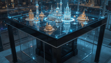 A collection of architectural models are displayed on a futuristic table. A cityscape is visible in the background, creating a modern and artistic scene.の素材