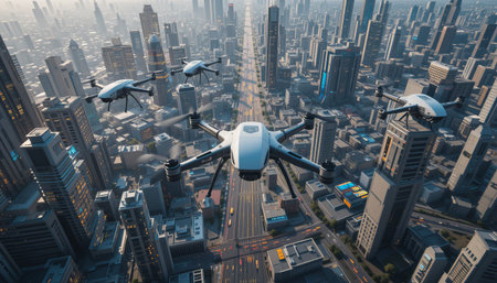 A futuristic cityscape is shown with drones flying above skyscrapers and busy streets, highlighting innovation and technology in urban transportation systems.の素材
