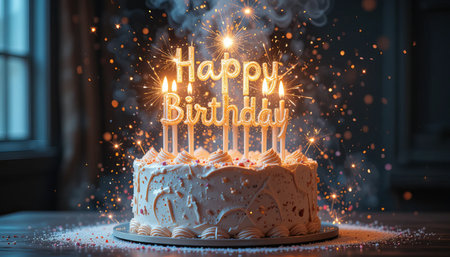 A frosted birthday cake adorned with 'Happy Birthday' candles and sparklers. The cake is set against a dark background, creating a festive and celebratory atmosphere.の素材