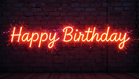 A bright neon sign that reads happy birthday is displayed against a brick wall with a wooden floor. The sign is glowing and festive, creating a celebratory atmosphere.の素材