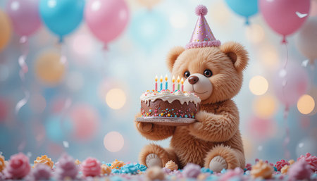 A cute teddy bear wearing a party hat holds a birthday cake with lit candles, set against a backdrop of colorful balloons and confetti. A joyful celebration scene.の素材