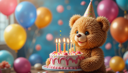 A charming teddy bear celebrates a birthday with a cake adorned with lit candles. Balloons add to the festive atmosphere, making it a joyful occasion.の素材