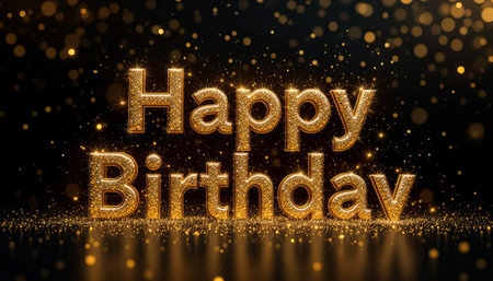 A golden happy birthday text with sparkles on a dark background, perfect for a festive celebration card or greeting. It is shiny and elegant.の素材