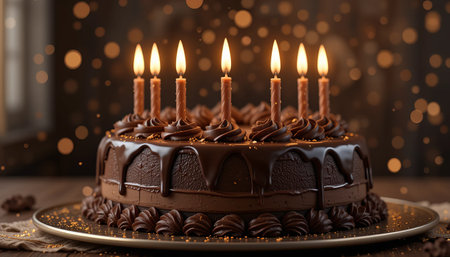 a delicious chocolate cake adorned with lit candles, set against a bokeh backdrop, perfect for any celebration. a sweet treat for a special occasion.の素材