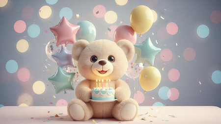 A charming teddy bear holds a birthday cake with lit candles, surrounded by balloons and confetti against a soft bokeh backdrop, creating a festive and joyful scene.の素材