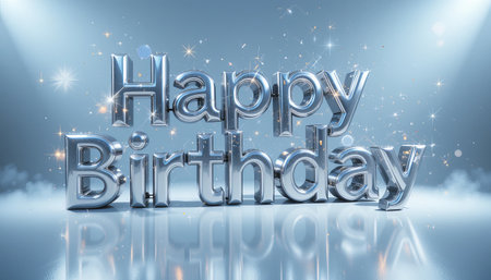 A shiny silver happy birthday text with sparkles against a light blue gradient background. The metallic letters reflect light, creating a celebratory mood.の素材