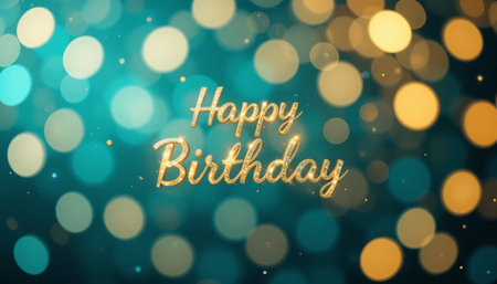 A festive happy birthday greeting with golden text. Bokeh lights create a magical atmosphere on teal and gold background, perfect for a celebration.の素材