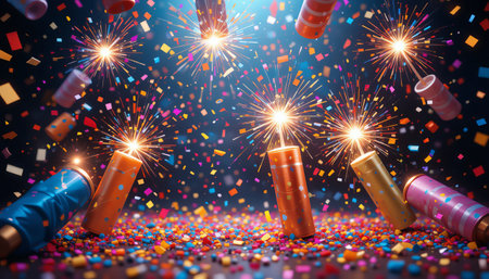 a vibrant scene of exploding party poppers and colorful confetti creating a festive moodの素材