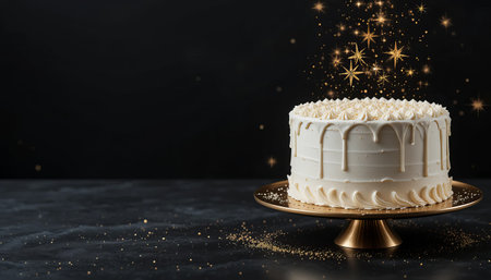 a white cake with drips on a golden stand with sparkles against a dark backgroundの素材