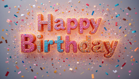 a happy birthday message with confetti and sparklers on a light gray backdrop imageの素材