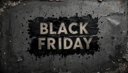 black friday text on grunge wall with paint splatters and peeling paper texture designの素材