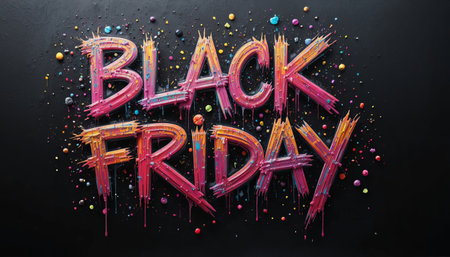 a black friday sale promotional image with colorful paint splatter and bold typographyの素材