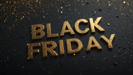 black friday golden text with glitter on dark background for promotion and advertisingの素材
