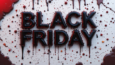 a black friday text with red liquid drips and splatters on a white background surfaceの素材