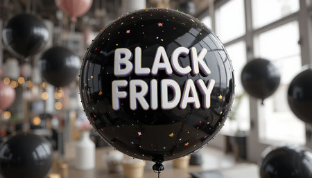a black friday balloon with black and pink balloons in the background in a bright roomの素材
