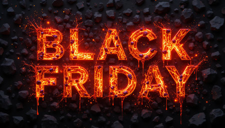 fiery black friday text against a dark rocky background illustration for promotion.の素材
