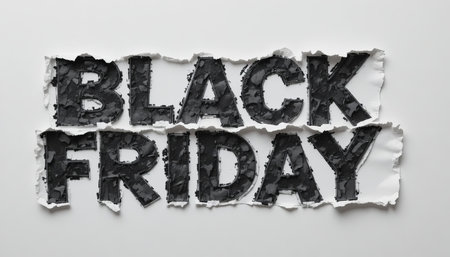 black friday text on torn paper with dark textured letters against white backdrop.の素材