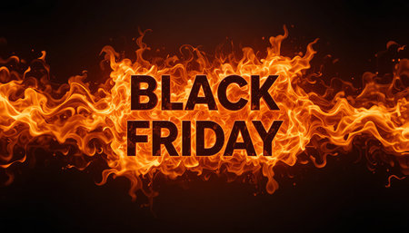 black friday text surrounded by intense flames, a hot deal for seasonal shopping.の素材