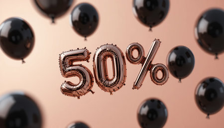 fifty percent balloon display with black balloons on a light peach colored backdropの素材