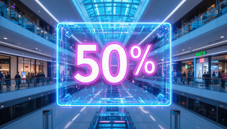 a vibrant fifty percent sale sign displayed in a busy shopping mall environment todayの素材