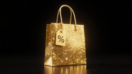 a gold glitter shopping bag with a percentage tag, on a dark and reflective surfaceの素材