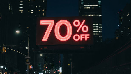 a bright seventy percent off sign glows against the dark city night background view.の素材