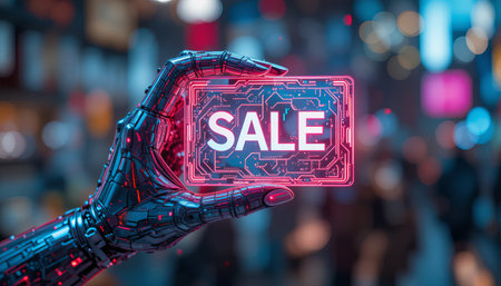 a robotic hand displays a neon sale sign, blending technology with retail promotion.の素材
