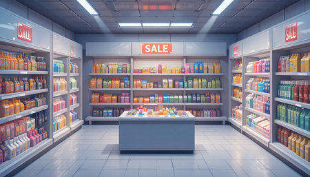 a store aisle with shelves stocked with colorful products and sale signs overheadの素材