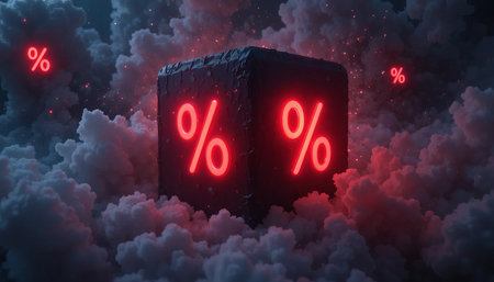 a dark cube with neon percentage signs floating in a cloudscape with red highlightsの素材