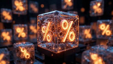 a studio shot of percentage symbols in ice cubes with glowing edges and dark backgroundの素材
