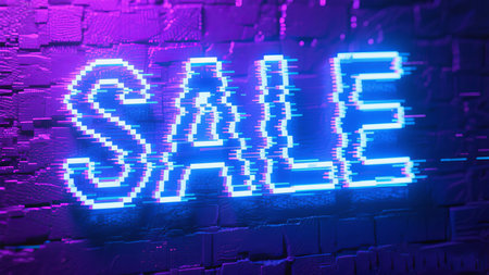 Eye-catching neon "SALE" sign with a futuristic glitch effect illuminates a textured brick wall, creating an energetic vibe for retail promotions and digital marketing.の素材