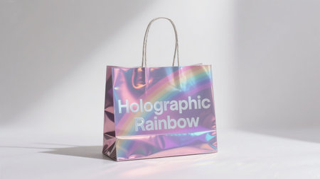 Sparkle and shine with this stunning holographic rainbow shopping bag, an ideal choice for modern retail and memorable gift presentation.の素材