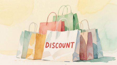 Capture the thrill of finding amazing deals with this charming watercolor art featuring a delightful assortment of colorful shopping bags, highlighted by a prominent 'DISCOUNT' mesの素材