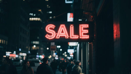 Capture the thrill of commerce with this vibrant neon SALE sign, illuminating nighttime streets and beckoning shoppers to amazing deals.の素材