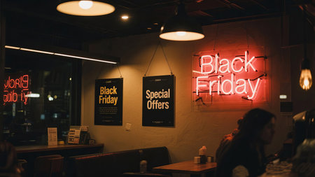 Catch the excitement of Black Friday with dazzling neon signs and special offers, perfect for driving holiday shopping and boosting retail sales.の素材