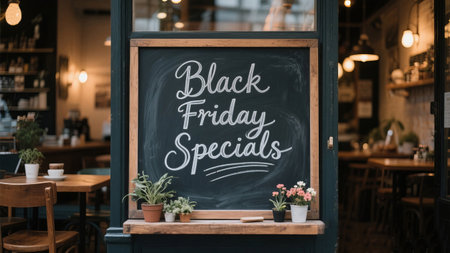 Chalkboard announcing Black Friday Specials invites shoppers into a cozy cafe filled with warm lighting and inviting tablesの素材