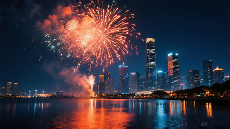 A vibrant cityscape celebration with stunning fireworks illuminating the night sky, reflecting on the calm water below. Celebratory mood.の素材