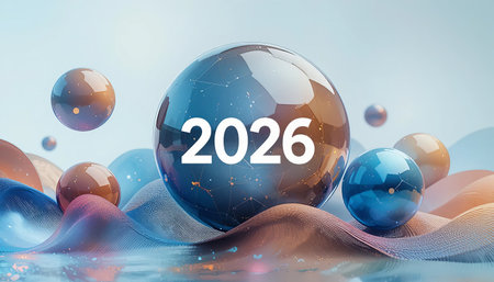 Inspire with a futuristic 2026 design. Captivating for tech, celebrations, and forward-thinking marketing. Use for a fresh, modern feel.の素材