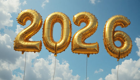 Golden 2026 balloons float against a beautiful blue sky. Great for upcoming events, festive celebrations, and holidays.の素材