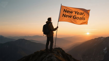 Inspiring mountain peak sunrise with flag marking new year goals, symbolizing success, ambition, and motivation. Journey to excellenceの素材
