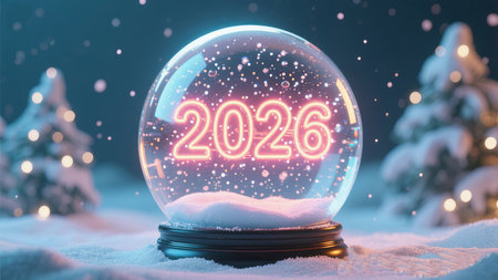a festive snow globe with the year two thousand and twenty six in neon lights inside itの素材