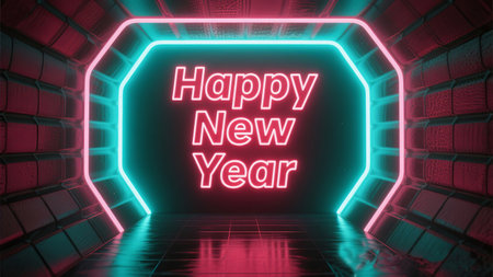 a neon happy new year sign glows in a futuristic tunnel with brick walls and floorの素材