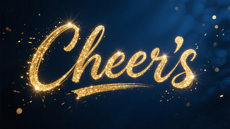 a golden cheers text with sparkling effect on a dark blue background for celebrationsの素材