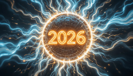 a glowing twenty twenty six with electrical energy surrounding a circular object in spaceの素材