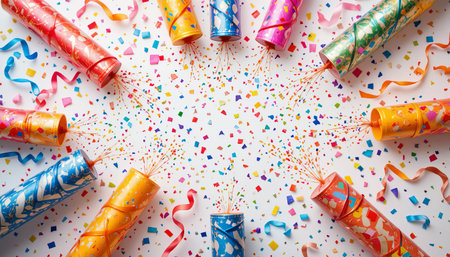 A festive overhead shot of party poppers and confetti scattered on a white background.の素材