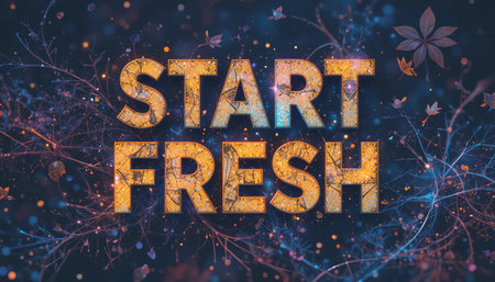 a motivational message start fresh with golden text on a dark floral background designの素材
